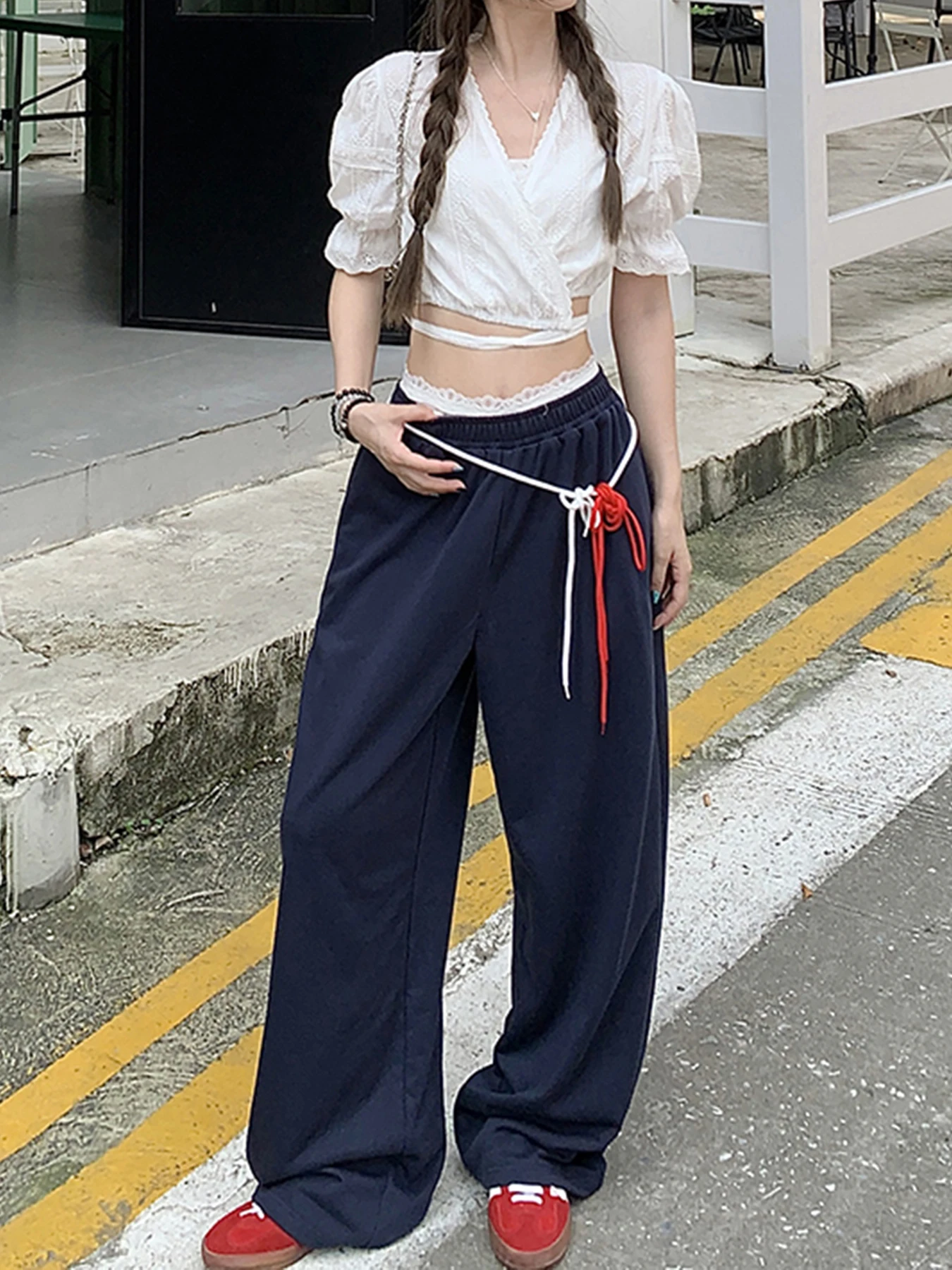 Rockmore Fashion Women Retro Solid Sweatpants Elastic Waist Wide-leg Pants Y2K Streetwear Loose Trousers Casual Joggers Baggy