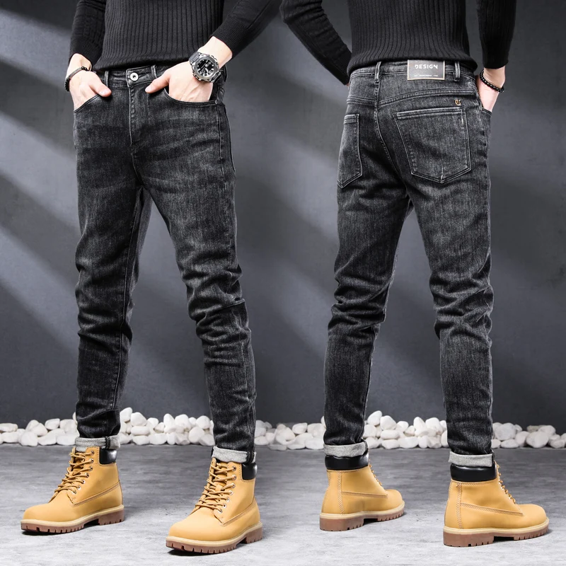 Mens Jeans Pants Black Gray Stretch Slim Skinny Spring and Autumn Casual Male Denim Trousers Famous Brand Men Jeans Boys Homme