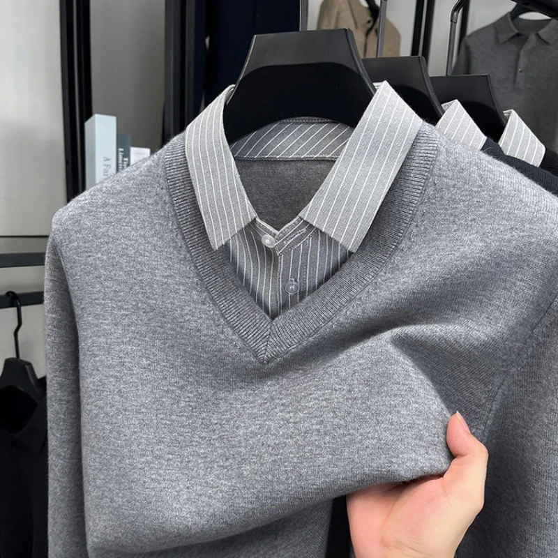 سترة رجالية مكونة من طبقتين، هيكل محبوك بياقة قميص، ألياف صوف ميرينو الأسترالية المخلوطة، مكتب الأعمال #2