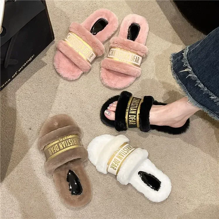 Comode pantofole in peluche da donna Open Toe autunno inverno Flats pantofole pelose Home Outdoor Letter Print Fleece Casual Designer Shoes