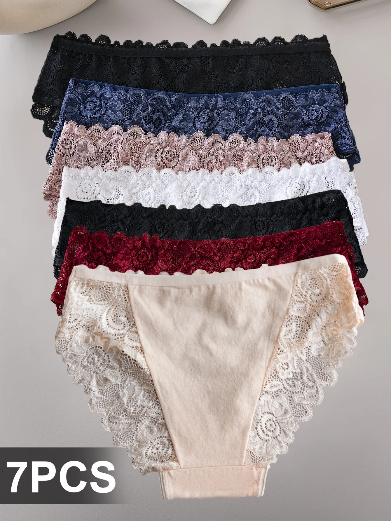 7‑piece set of women's floral lace triangular panties with hollow‑out design