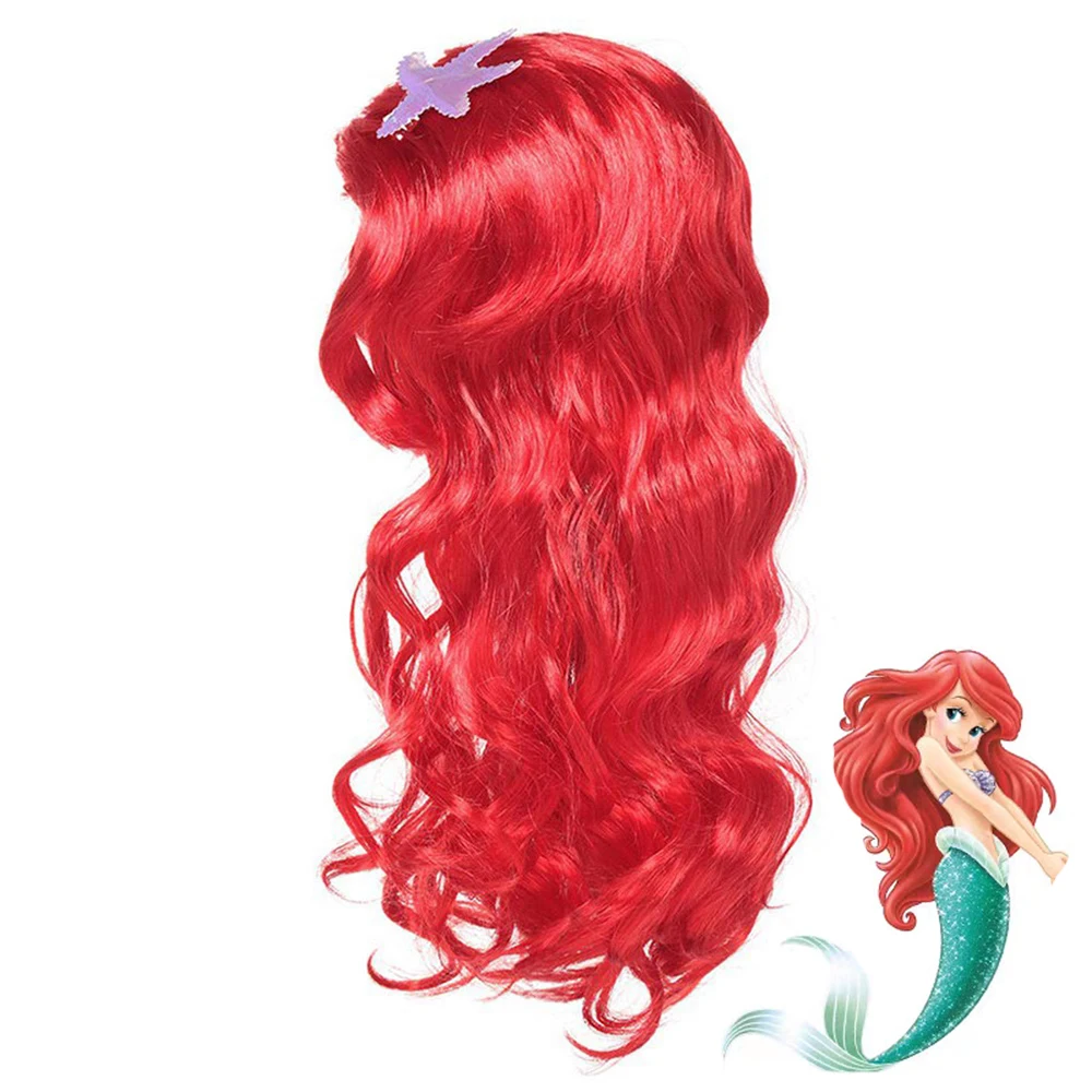 Mermaid Princess Wig for Girls Red Long Curly Halloween Party Cosplay Hair with Sea Star & Shell Accessories Ariel Cosplay Wig