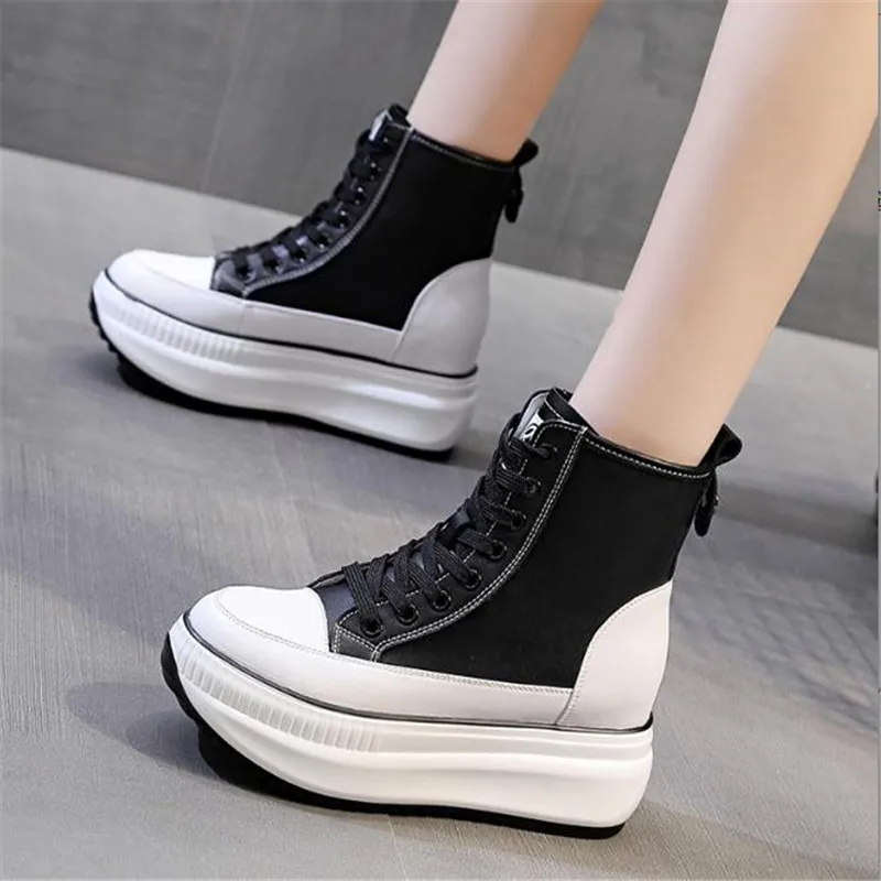 

Spring Autumn 7.5cm Platform Wedge High top casual ankle Genuine Leather High Shoes Sneakers Women Ankle Fashion student boots