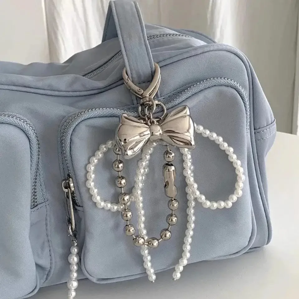 Cute Beaded Pearl Bowknot Keychain for Women Girls Metal Bow Pendant Bag Decoration Accessories