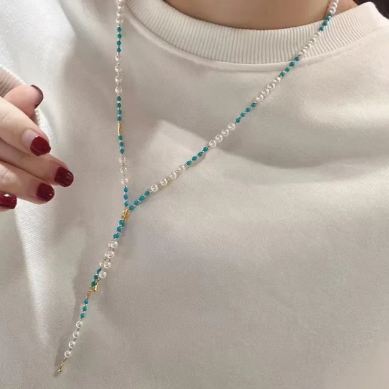SGARIT Bohemia Short Choker Chain Really Natural Freshwater Pearls Handmade Strand Beaded Turquoise Lariat Necklace for Women