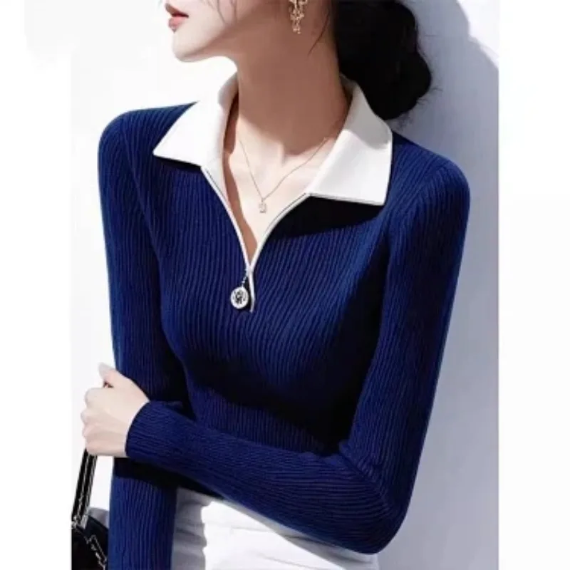 Elegant Women Winter Color Block Collar Knit Sweater Zipper Long Sleeve Slim Fit Basic Inner Wear Casual Pullover