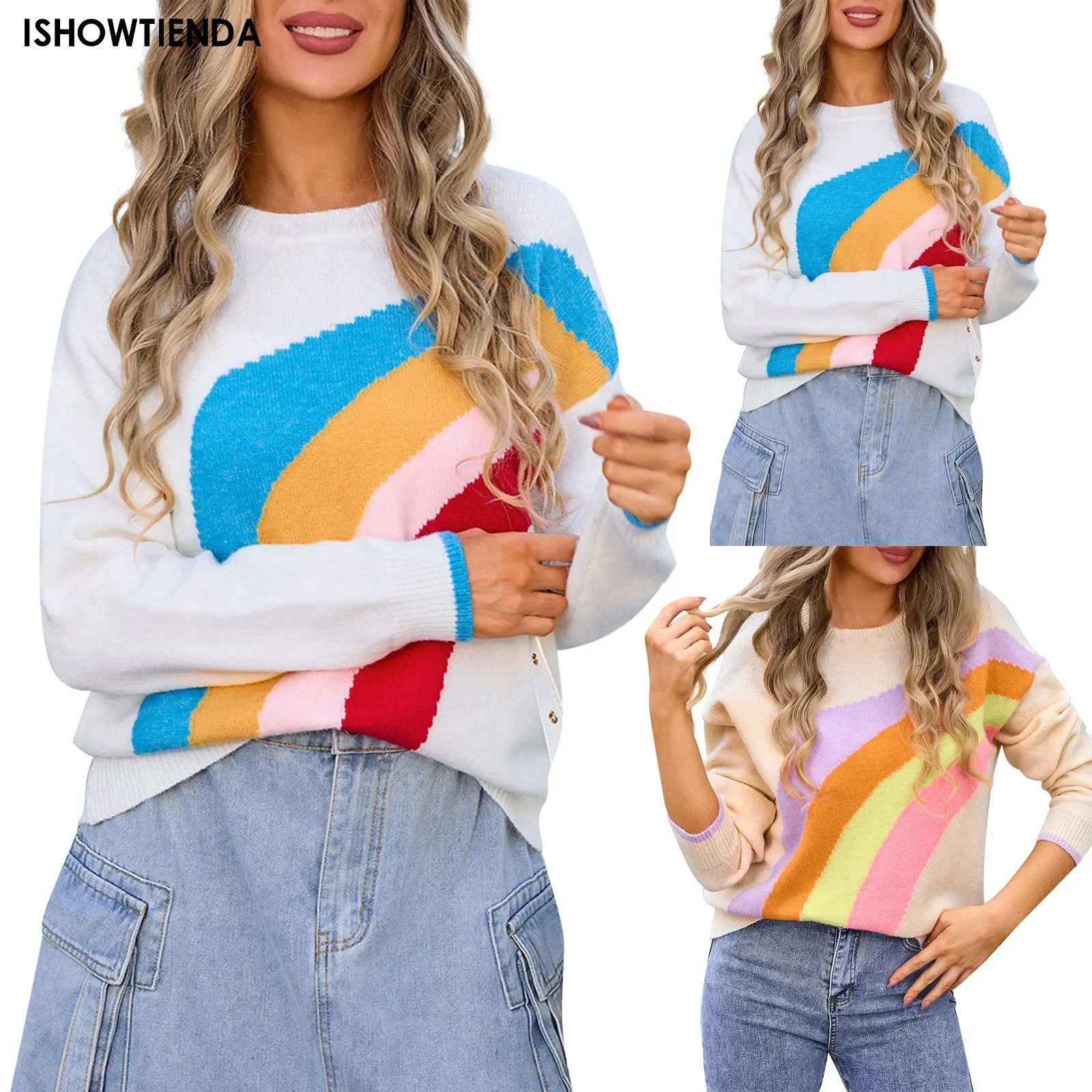 New In 2024 Spring Autumn Rainbow Striped Sweater Women Korean Style Fashion Long Sleeve Knitted O-Neck Pullovers Chic Jumpers