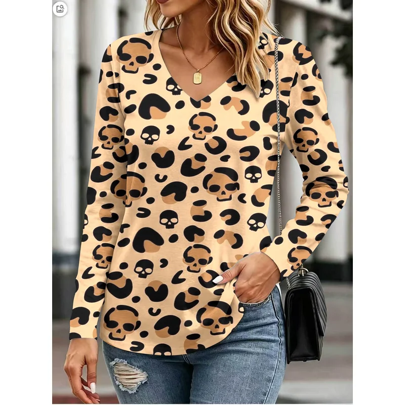 Halloween-themed women's loose-fitting long-sleeved topVCollarTTrendy and stylish tops for everyday wear and commuting