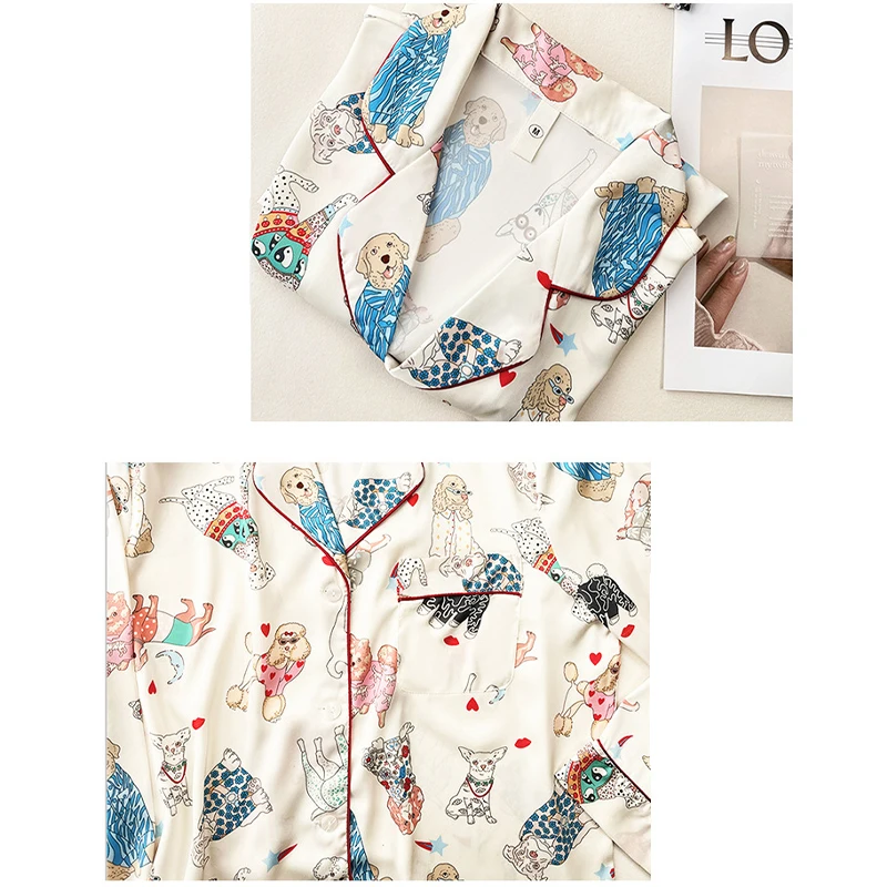 Poodle Print Pajamas Women Silk Like Cute Dog Two Pieces Set Long Sleeve Tops Full Length Pants Lounge Spring Autumn 32903