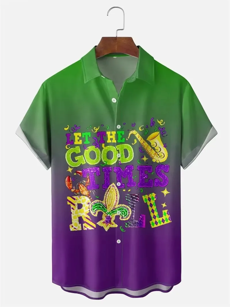 Fashionable Holiday Retro Color Glitter Letter Printed Short Sleeved Shirt for Men's Summer Loose and Versatile Top