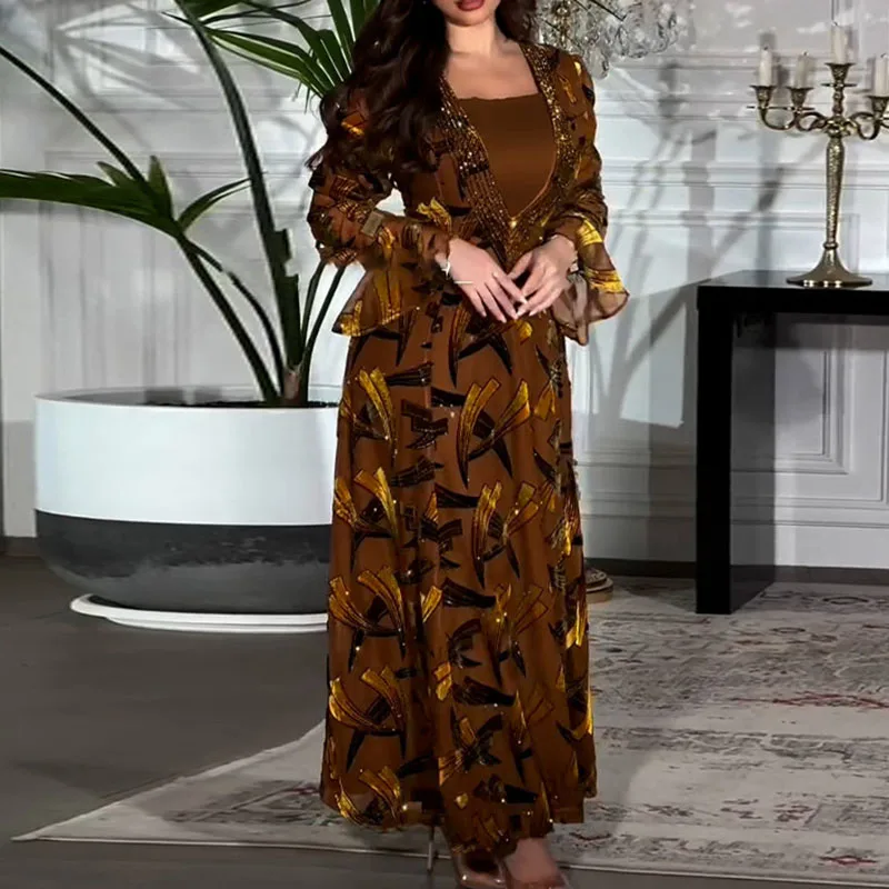 Temperament Flare Hülse Schlank Abendkleid Vintage Frauen Gedruckt Mesh Gefaltete Lange Kleid Elegante Luxus Bankett frauen Roben