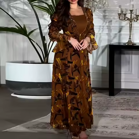 Temperament Flare Sleeve Slim Evening Dress Vintage Women Printed Mesh Pleated Long Dress Elegant Luxury Banquet Women's Robes