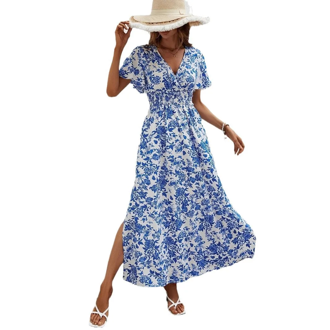 

2025 New Fashion Printed Ruffle Dress Women Summer Casual Loose Slit V-neck Half-sleeved Dresses For Women Vacation Long Skirt