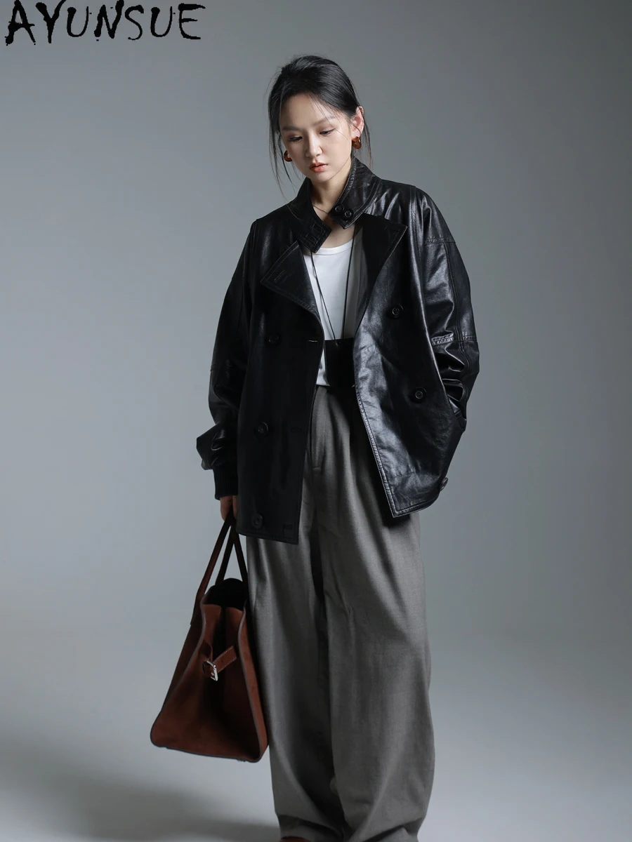 AYUNSUE سترة جلدية حقيقية للنساء 2025 معطف من جلد الغنم الضأن فضفاض مناسب للربيع والخريف ملابس نسائية شمع زيتي Jaqueta De Couro