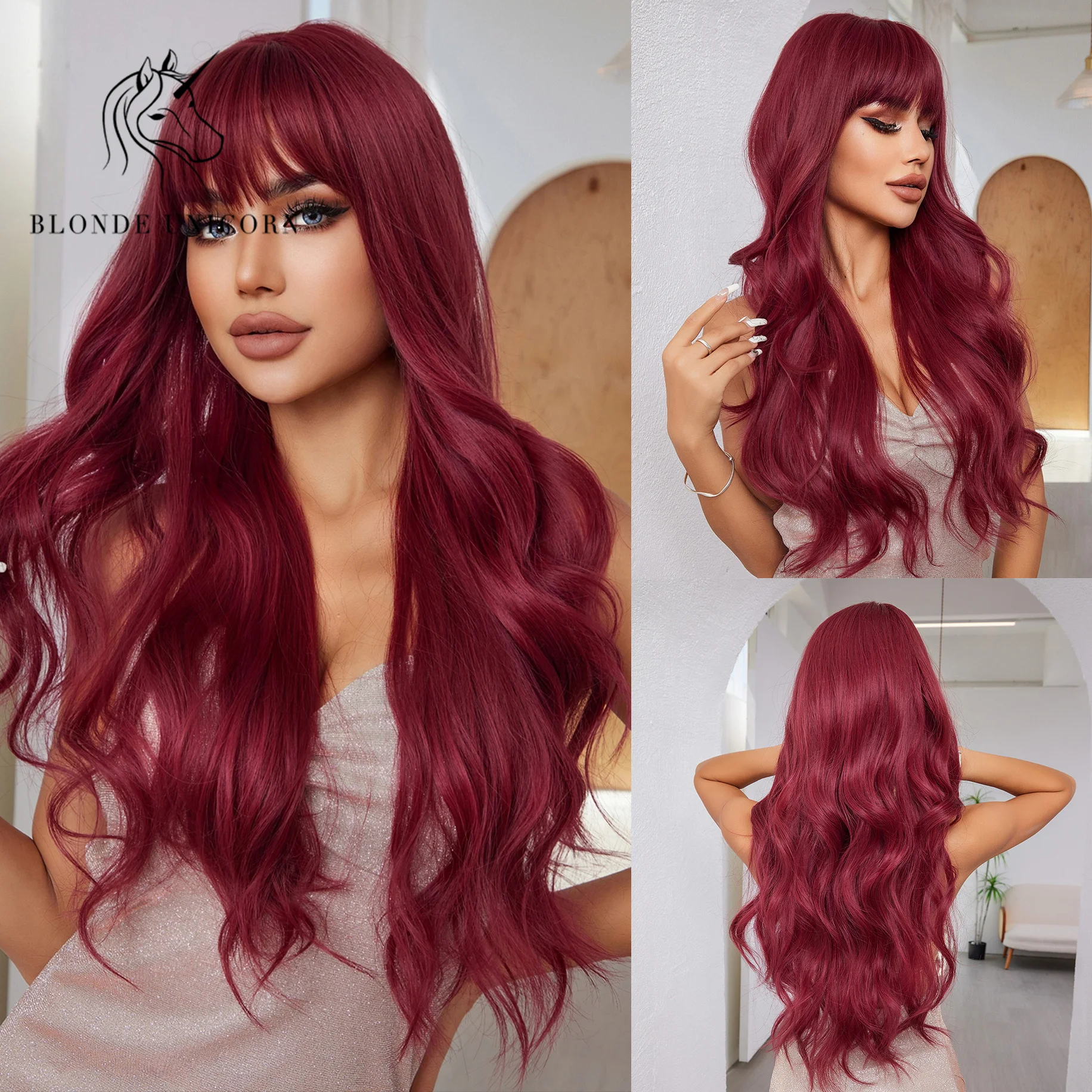 Blonde Unicorn Synthetic Bordeau Red Wig Long Wavy Wigs with Bangs Cosplay Party UseHeat Resistant Fiber for Women
