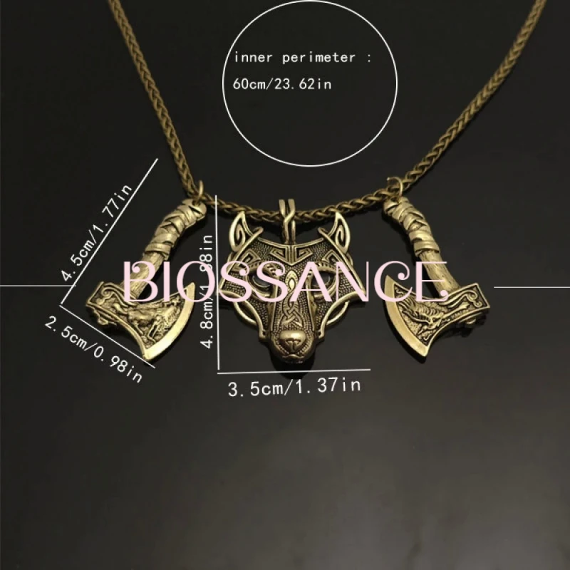 BIOSSANCE New Fashion And Exquisite Retro Nordic Viking Celtic Wolf Head Double Ax Pendant Necklace For Men And Women Jewelry