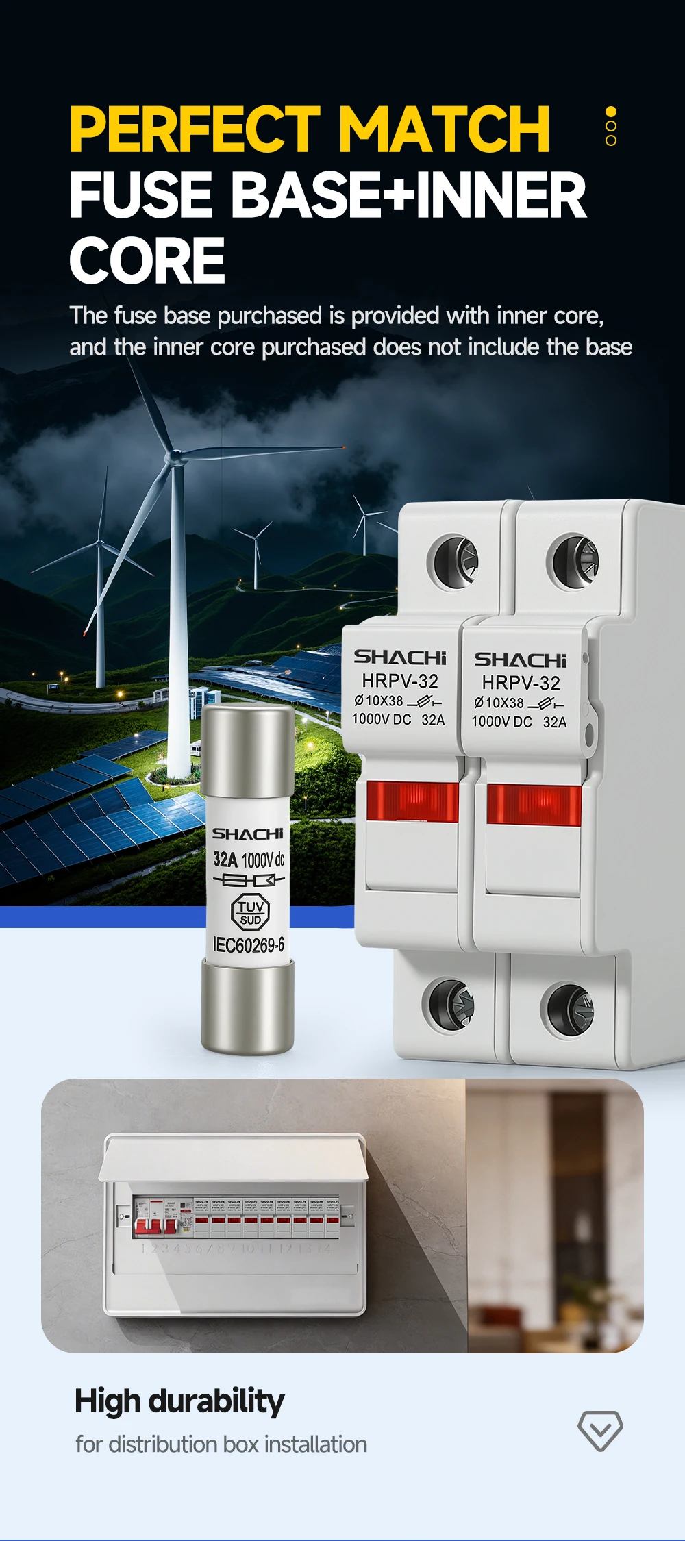 SHACHI 1P 2P DC-Sicherungshalter 1038mm Hochspannungs-Solar für PV-String-Sicherungen 1000V Basis Photovoltaik-System-Schutzvorrichtung – Detail 4