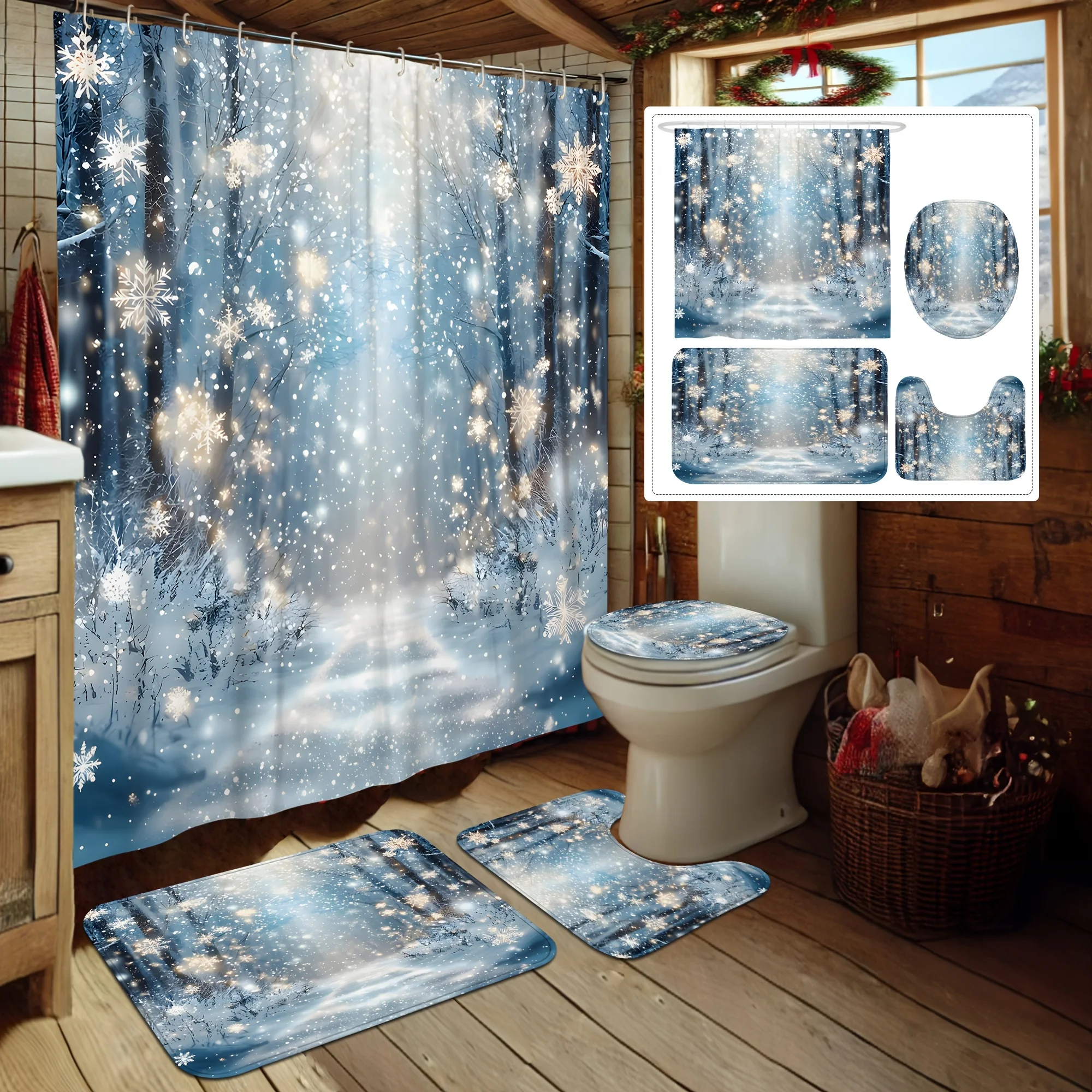 

4 шт., набор для душа с Рождеством, лесная снежинка, синее золото, принт, 12 крючков, нескользящий коврик, U-образный чехол на сиденье, праздничный декор