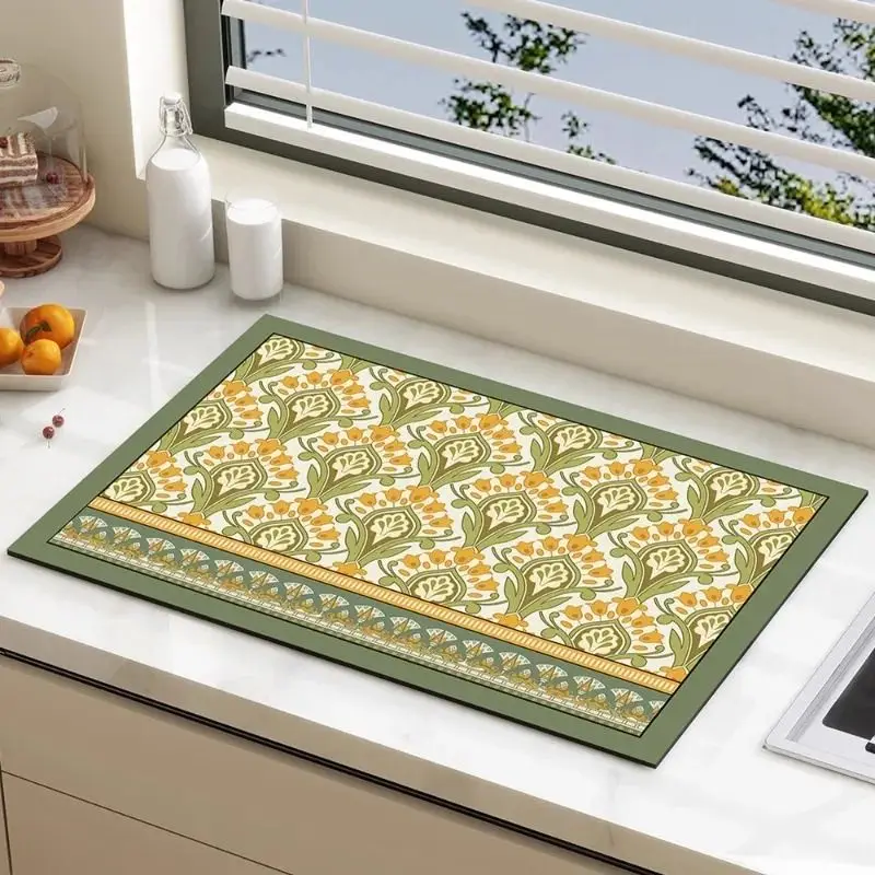 VIKAMA Vintage Moroccan Mandala Kitchen Drain Mat, Absorbent Non-Slip Countertop Mat, Coffee Maker Drip Mat, Home Decor