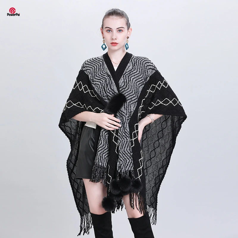 

Fashion Faux Fur Ball Tassels Knit Shawl Cloak Long Women Poncho All Seasons Cape Scarf Cardigan Wraps 2022 New