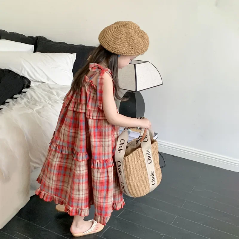 Girls Dress Korean Style 2023 Summer New Fashionable Plaid Suspender Skirt Sweet Plaid Top Shorts Casual Sweet Top for Girls