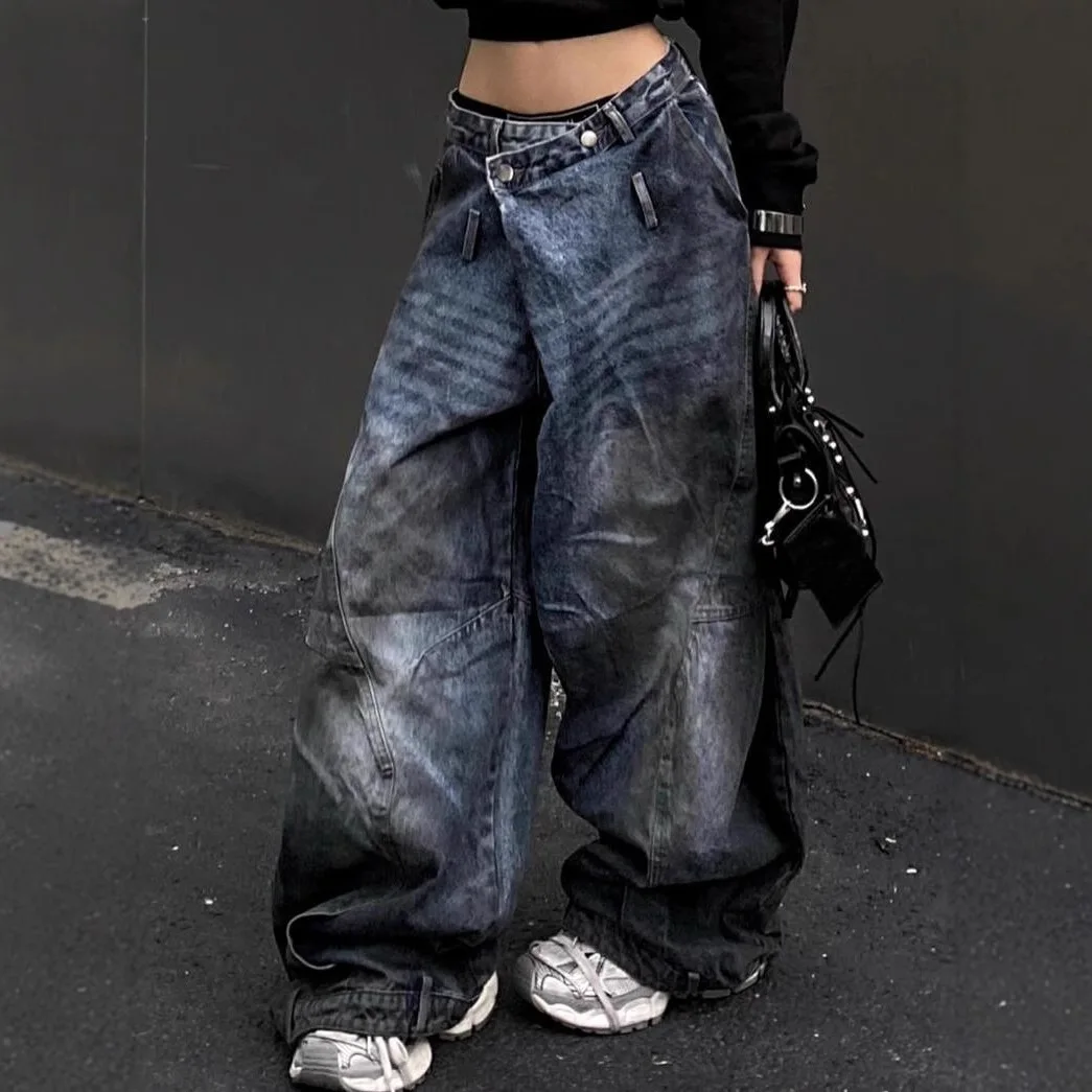 American Vibe Washed Dirty Curved Knife Street Design Loose and Slim Fit Floor Mopping Jeans for Women
