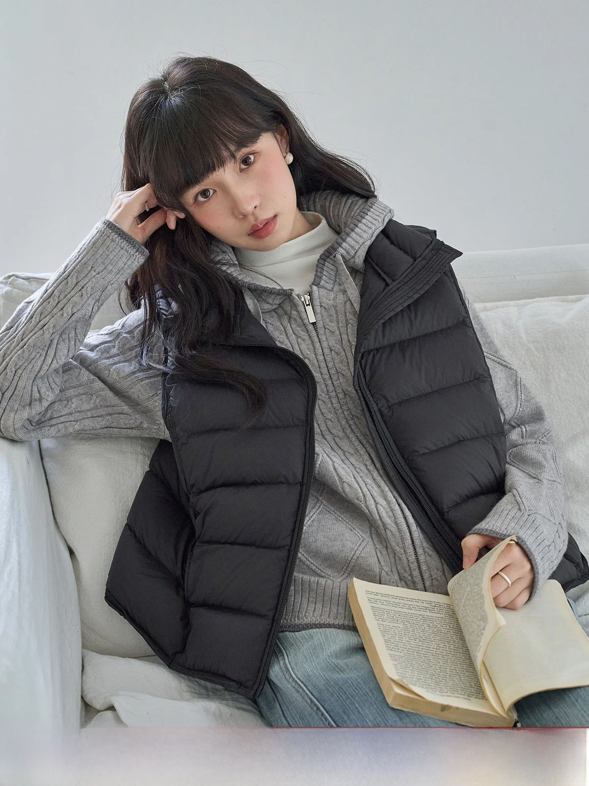 

Bla ort Loose Women's down Vest Casual Sle Open Cardigan Winter Outerwear Warm Fce Lined Du down 90% White