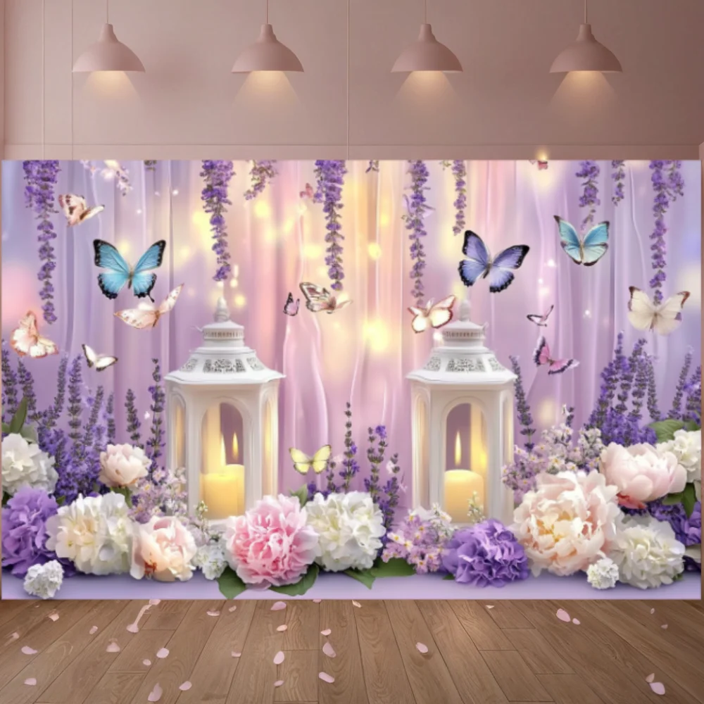 Purple Butterfly Floral Photography Backdrop Polyester DIY Party Decor Banner for Brides' Baptism Birthday Party Background Prop