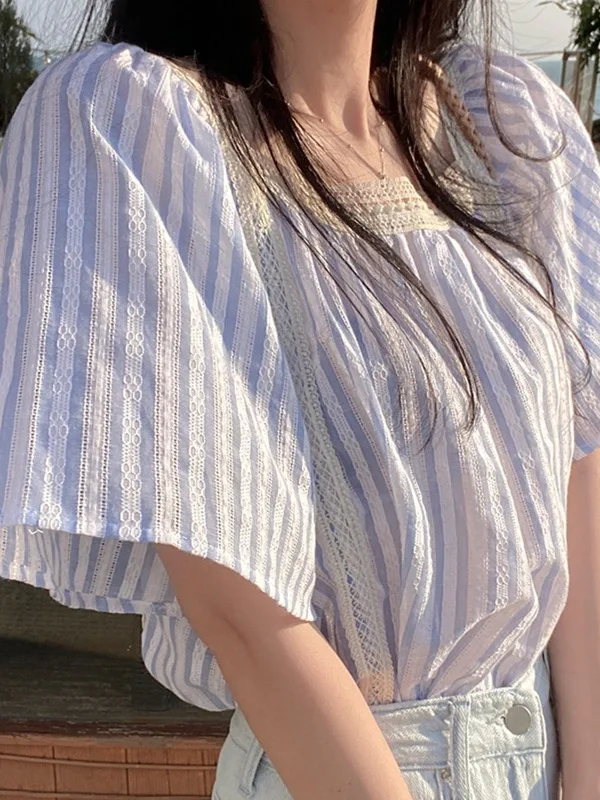 

Blue Cotton Linen ort Sve irt Summer Sweet Lace Square Collar Doll irt Bubble Sve Striped irt Casual Loose Fit