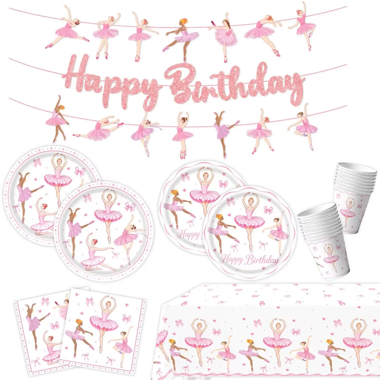 Pink Ballet Girl Party Disposable Tableware, Paper Cup Plates, Napkins, Tablecloths, Girls' Birthday Party Tableware Supplies
