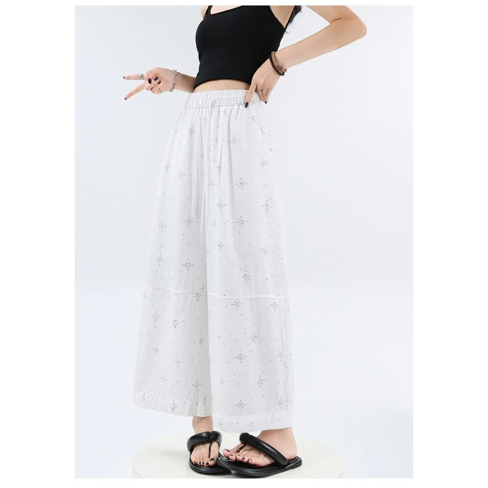 

Vintage 2026 Summer Fashion Holiday Drawstring Lace-up Casual Pants Women's New Hot Diamond Nine-point Wide-leg Pants Streets