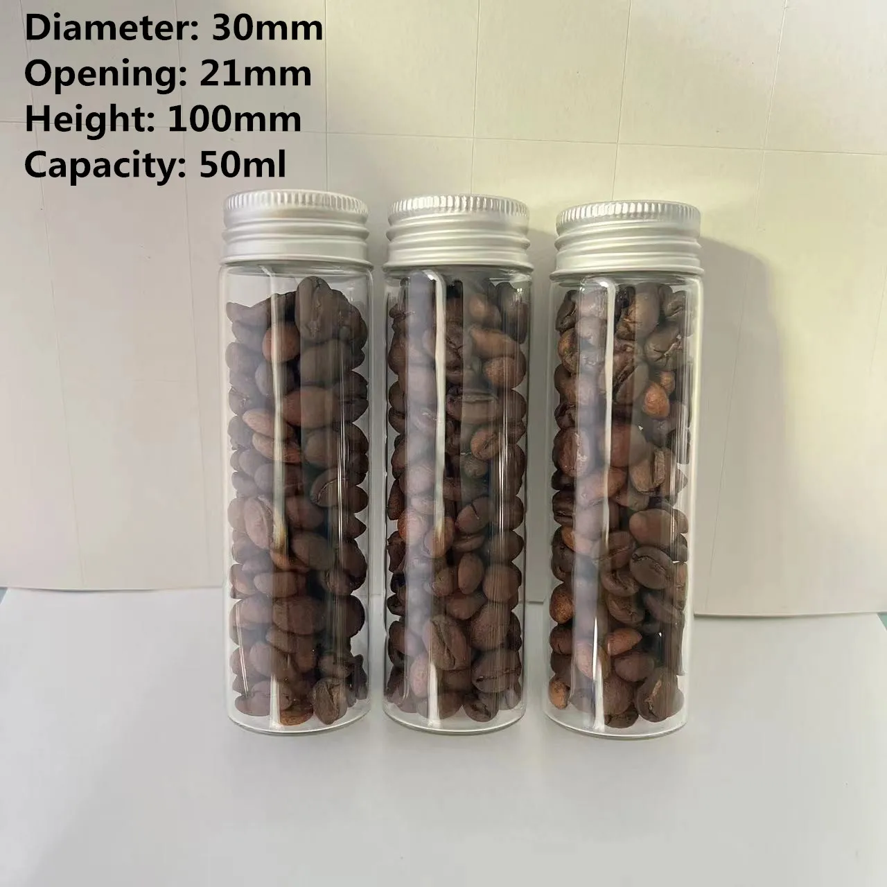 

12pcs/24pcs 21*30*100mm 50ml Coffee Beans Glass Bottles Aluminum Caps Glass Tiny Jars Vials Test tube Glass Containers