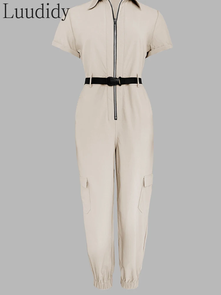 Umlegekragen, kurze Ärmel, Reißverschluss vorne, Bündchen, Overall, lässiges Taschendesign, Cargo-Strampler mit Gürtel
