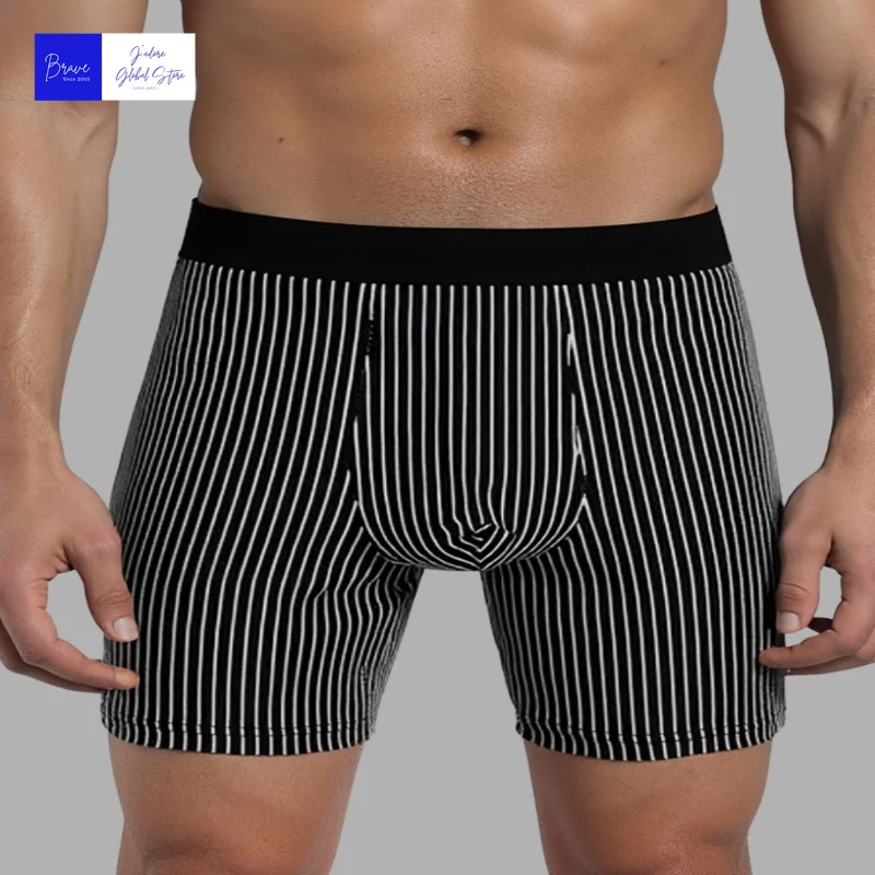 1/3 Pcs Men Vertical Striped Long Leg Boxer Briefs, Soft Breathable Anti Chafe Underwear for Daily Office Gym Casual Wear