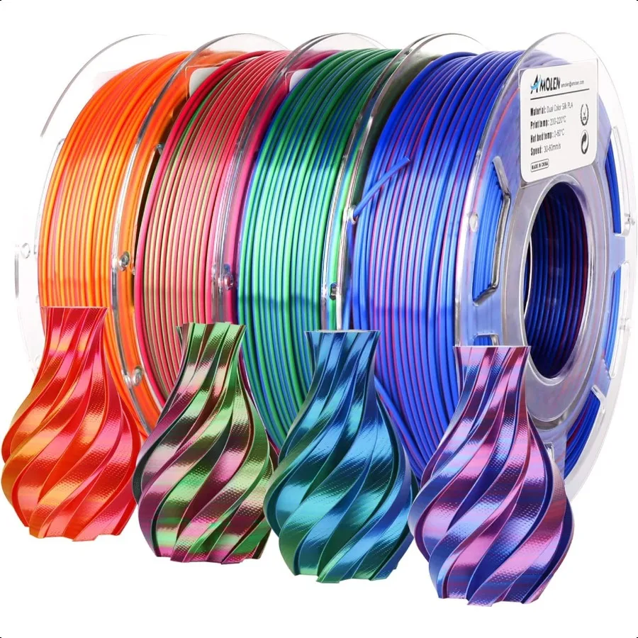 

Silk PLA 3D Printer Filament Bundle Shiny Dual Color Filament 1.75mm Pack Multi Color Change 3D Printing Filament for Most FDM