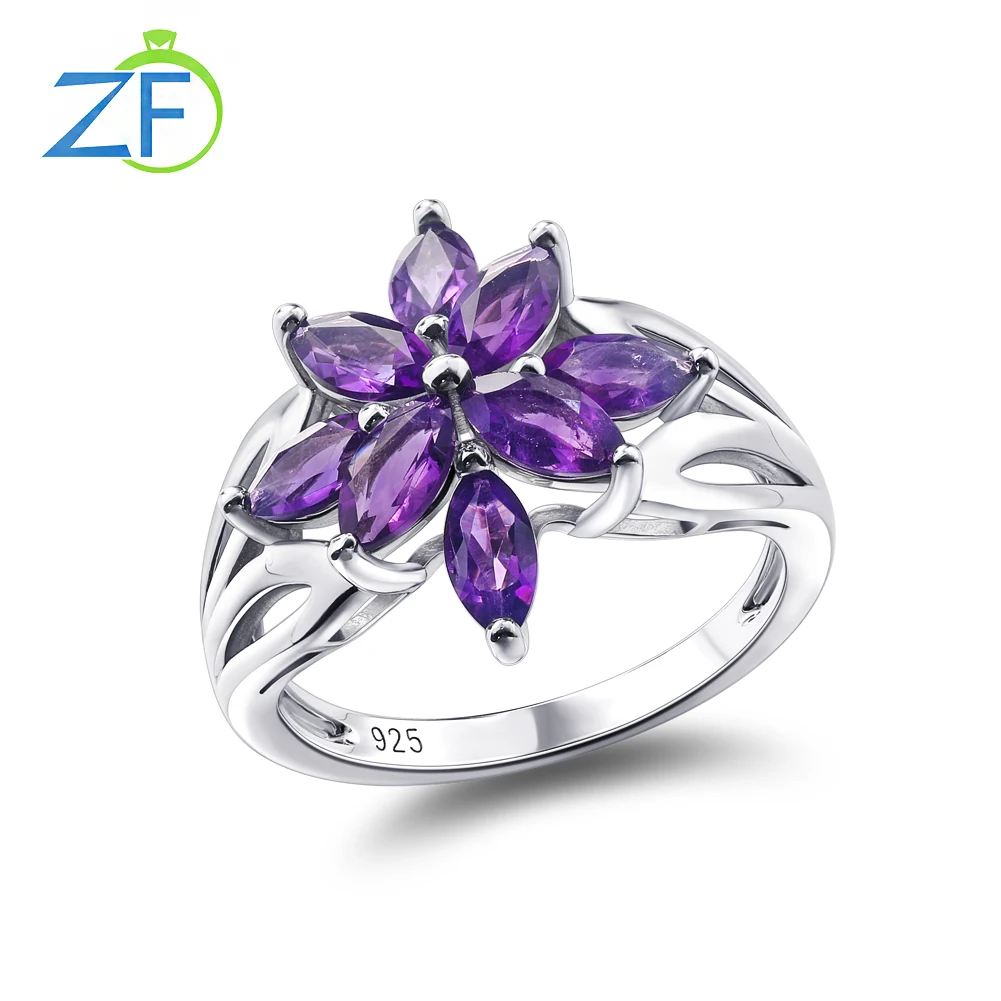 

GZ ZONGFA Genuine 925 Sterling Silver Ring for Women Natural Garnet Amethyst Gemstone Flower Rings Gift Fine Jewelry