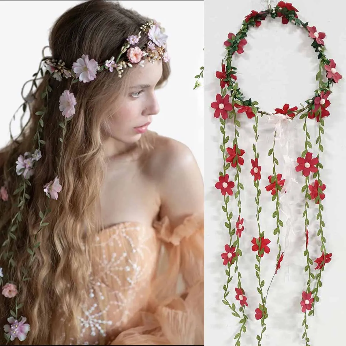 

Bohemian Rattan Flower Vines Crown Headband for Bride Wedding Hair Accessories Girls Floral Wreath Head Band Hairstyles Headdres