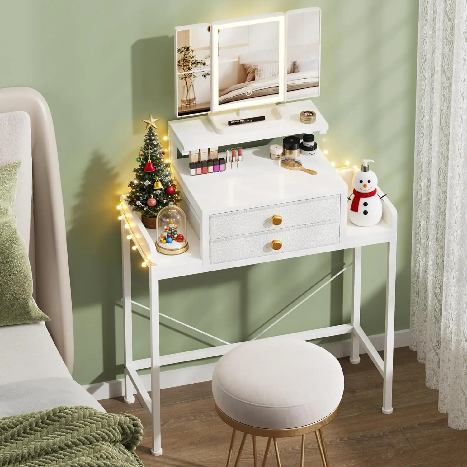 

28.4''W White Makeup Vanity Table with Mirror, Lights, Adjustable Stand & 2 Drawers for Girls' Bedroom Small Space