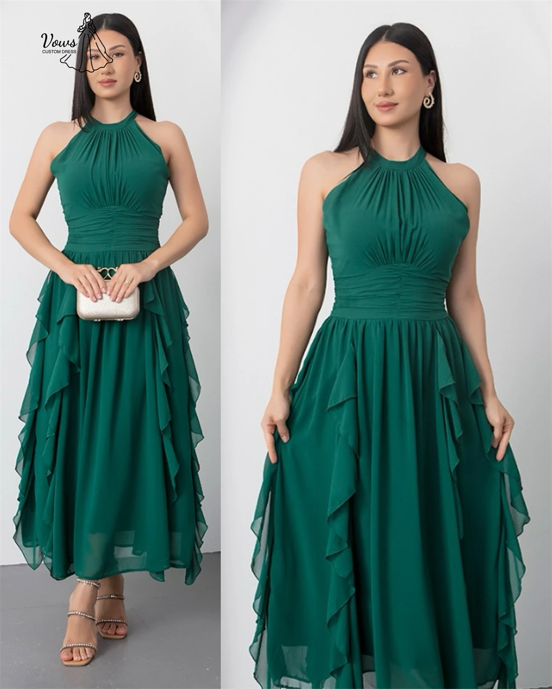 

Vows Custom Made Ball Gown Dress Line A Evening Dresses Prom Dresses 2025 Round Collar Chiffon Luxurious Party Dress Robe Soiree