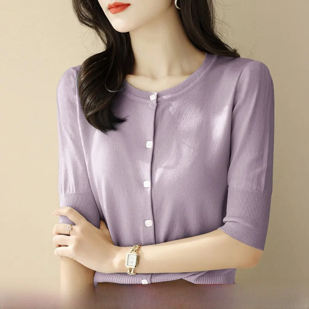 

Women's Slimming Summer Cardigan Thin Half Sleeve Ice Silk round Neck Loose Fit Air Conditioning Knitted Top for Casual Wear