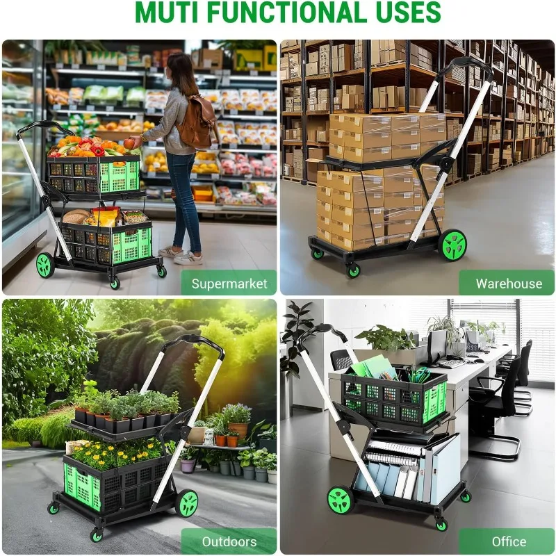 200lbs 30x18'' Foldable Shopping Cart, Multi Use Functional Collapsible Carts with 2 Storage Crates