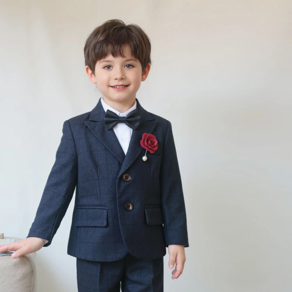 

4 pcs sets Plaid Boys Formal Tuxedo Suit with Bow tie Children's Blazer for Teenager Kid Party Performance Wedding Dress Costume
