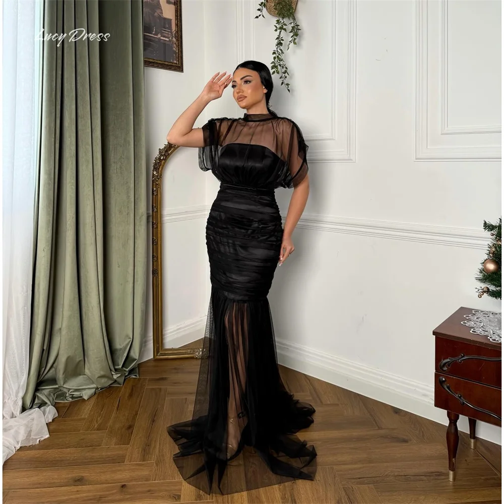 Lucy Satin High Black Mermaid Formal Evening Gown Illusion Neckline Ruched Bodice Sheer Train Modest Evening Wear Customized