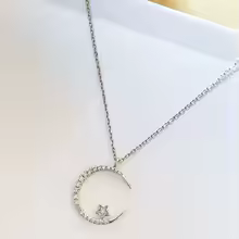 Gold Cubic Zirconia Necklace Crescent Star NonTarnish Glowup - Silvery