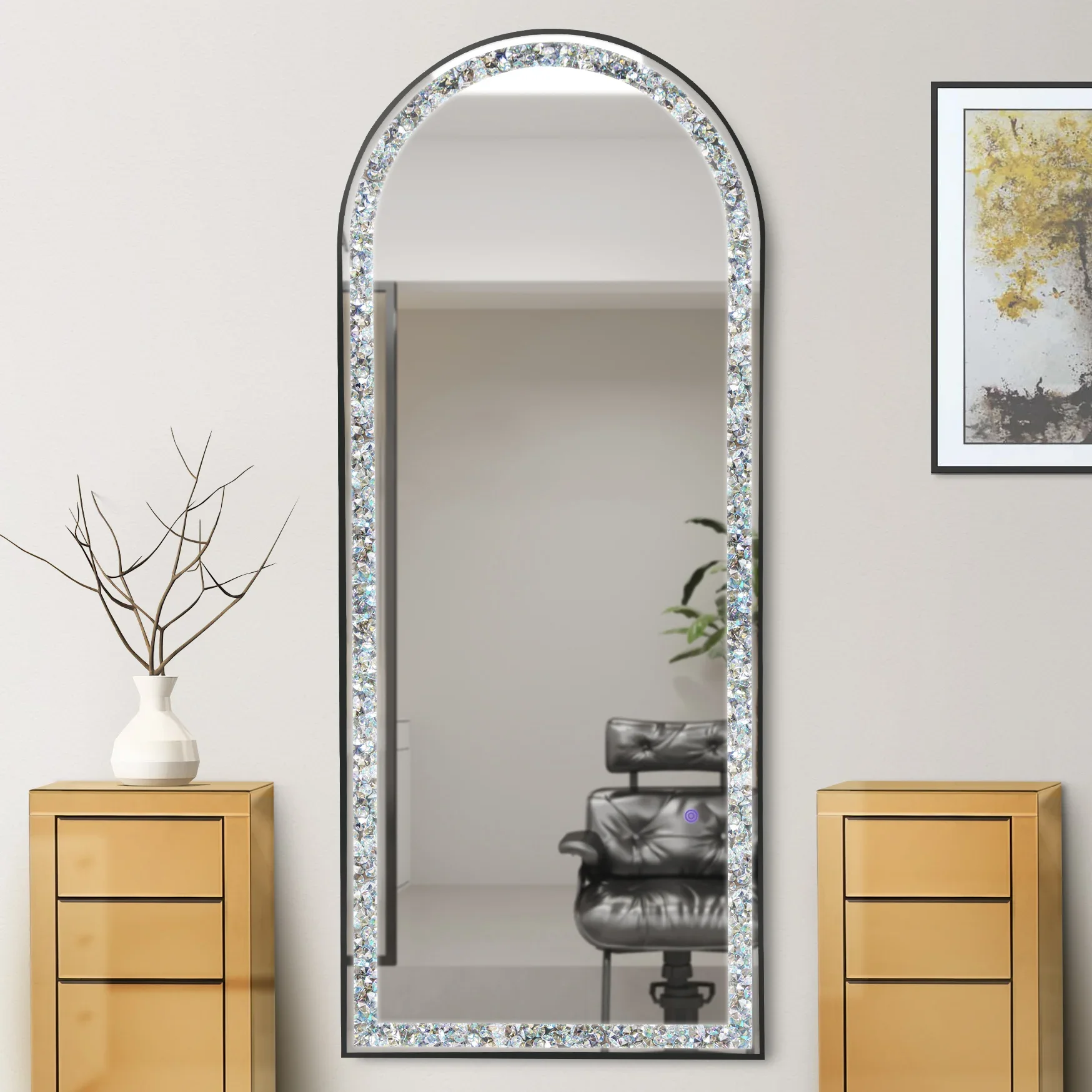 25 New diamond-encrusted hairdresser mirror with lamp haircut mirror for hair salon, single-sided wall-mounted floor-to-ceiling