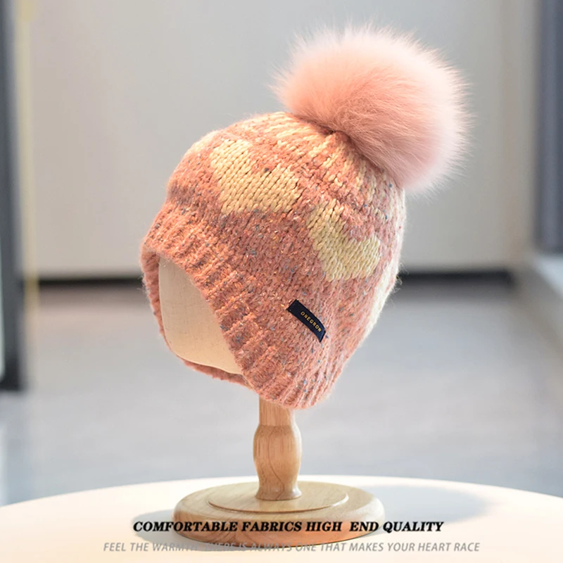 

Hat Women Winter Beanie Pompom Of Real Fur Wool Knit Warm Accessory For Girls Autumn Cold Weather Skiing Outdoor Hike
