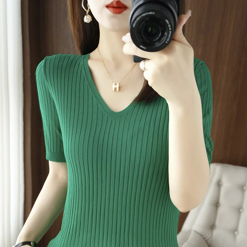 

Новинка 2025, женская трикотажная футболка из ледяного шелка ort Sve, повседневная летняя футболка с v-образным вырезом для похудения, простой тонкий топ