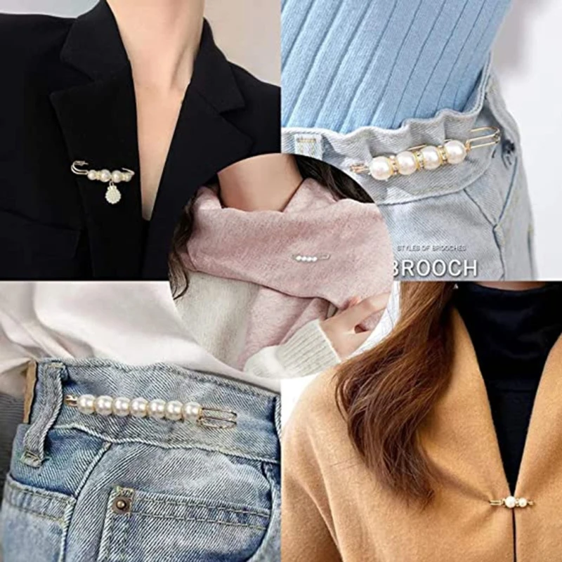 10Pcs Fashion Pearl Brooch Cardigan Collar Brooch Clips Sweater Shawl Clips Waist Pants Extender Safety Pins Easy to Use