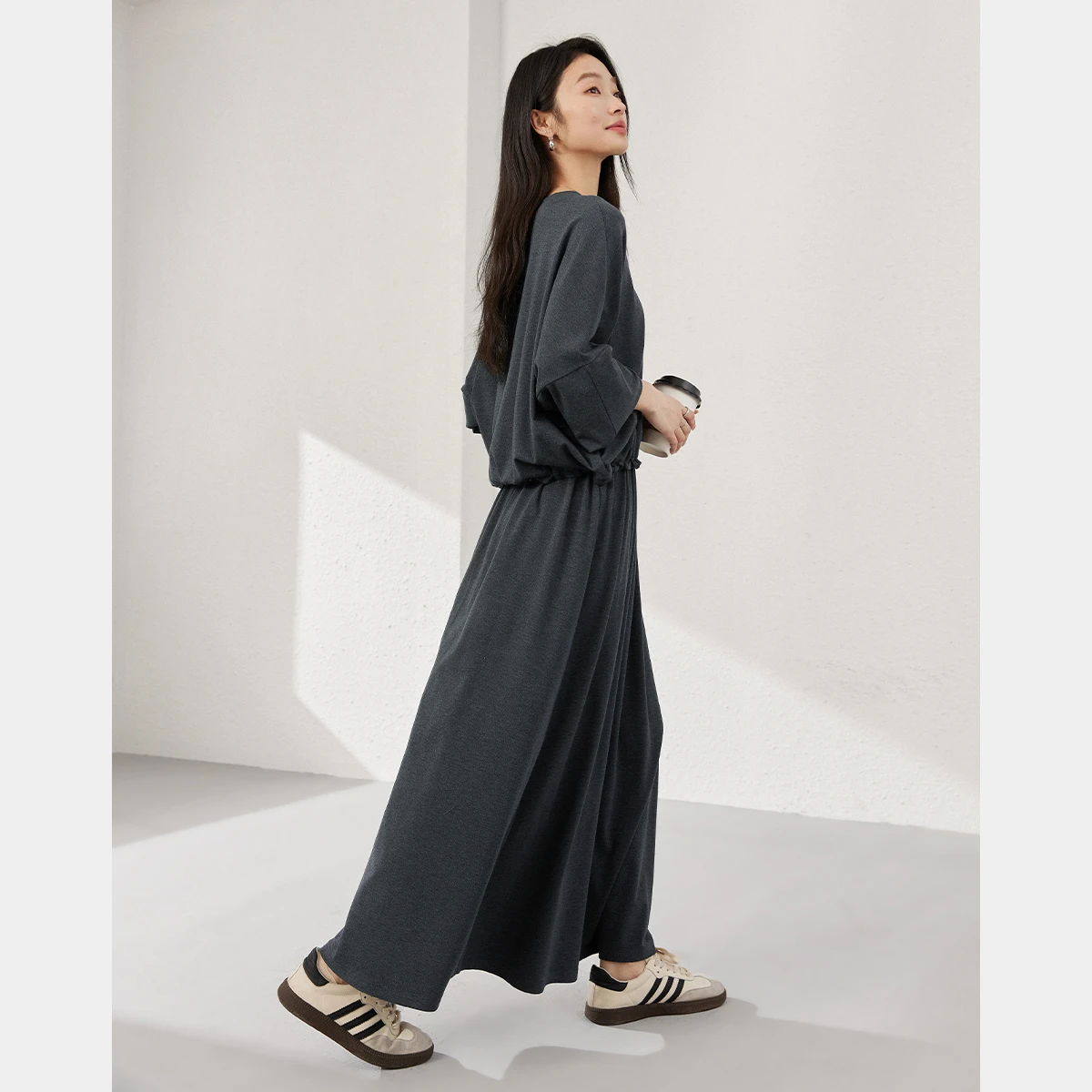 VIMLY Dark Gray Knit Two Piece Set 2026 Autumn Women Round Neck Top High Waist A-line Long Skirt Commuter Matching Outfit A0097 image 4
