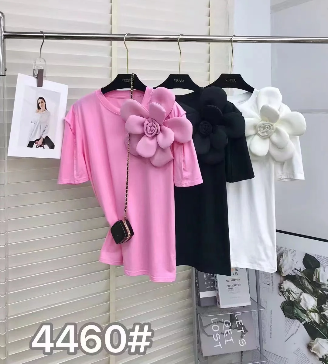 Summer New 2024 Summer Cotton T-shirt Temperament O Neck Short Sleeve Patchwork 3D Flower Tops Tees T Shirt
